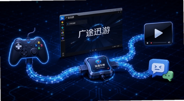 广途迅游多场景加速功能示意图,画面左侧为游戏手柄图标,中间为广途迅游软件界面,右侧为视频播放图标与社交聊天图标,三者通过光缆线条连接至中央加速引擎,背景为深蓝色科技网格纹理,突出多场景覆盖特点。