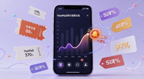 YeeMall降价提醒功能展示,画面中央手机屏幕显示一条价格曲线图,曲线末端有一个铃铛图标和降价百分比,手机周围漂浮着优惠券和折扣标签,背景为淡紫色渐变,整体风格科技感与生活感结合