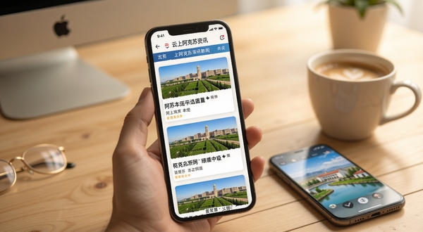 云上阿克苏资讯页面在手机屏幕上展示,画面中新闻卡片整齐排列,包含阿克苏本地风景缩略图与标题文字,背景是柔和的暖色调办公室桌面,一杯咖啡旁放着手机,营造出轻松阅读本地新闻的氛围
