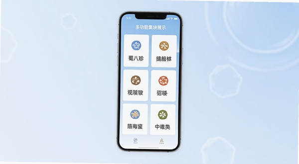 蜀八珍功能模块展示图，手机屏幕内呈现多个功能卡片整齐排列，每个卡片带有图标和文字说明，背景为淡蓝色渐变，画面风格简洁现代，突出多功能集成的特点