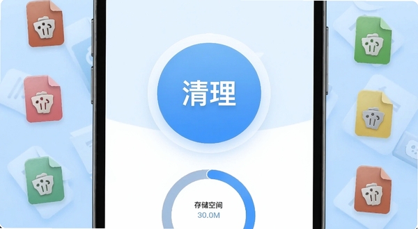 手机垃圾一键清理软件主界面，画面主体为手机屏幕中央显示一个巨大的圆形清理按钮，按钮下方有存储空间环形进度条，背景为浅蓝色渐变，四周散布着垃圾文件图标，整体风格清爽简洁，适配Boogu模型生成