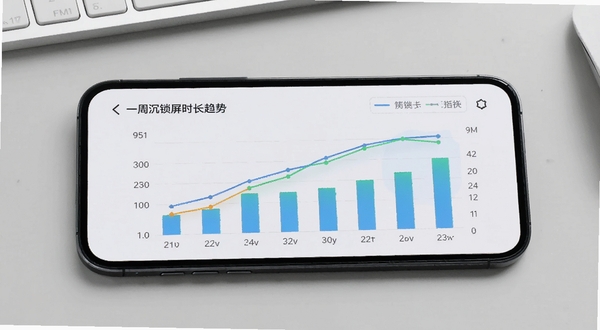 防沉迷一键锁屏使用统计图表界面，画面展示手机屏幕上的柱状图与折线图，显示一周锁屏时长变化趋势，配色清新明快，背景为浅灰色工作台面，体现数据可视化的理性氛围