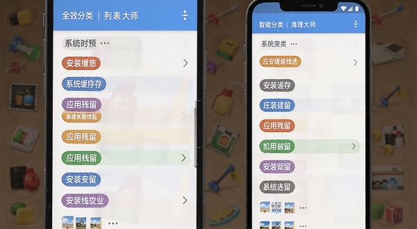 全效深度清理大师 智能分类列表 彩色标签分类 系统缓存 应用残留 安装包 缩略图 手机屏幕展示 扁平化设计