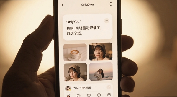 OnlyYou 应用内轻量动态记录界面展示,手机屏幕居中,画面包含短文字动态卡片、图片缩略图与好友可见范围标识,背景为暖白色柔光区域,整体氛围温馨安静,适配 Boogu 模型生成