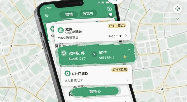 邮政同城骑手应用界面展示智能订单推送功能，手机屏幕中弹出多个订单卡片，卡片上标注取件与收件地址、配送距离与时效标签，背景为城市地图路网，配色以绿色和白色为主，画面风格为扁平化科技插画，突出高效接单与智能匹配