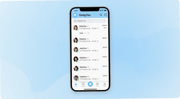 OnlyYou 私密社交聊天应用主界面全貌展示,手机屏幕居中放置,背景为柔和渐变浅蓝色区域,界面包含聊天列表、好友头像与底部导航栏,整体风格清新简洁,适配 Boogu 模型生成