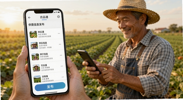 农品通供需信息发布界面预览图，手机屏幕展示供应信息列表和发布按钮，背景为农户在田间使用手机的场景，画面温暖自然，体现信息助农的主题