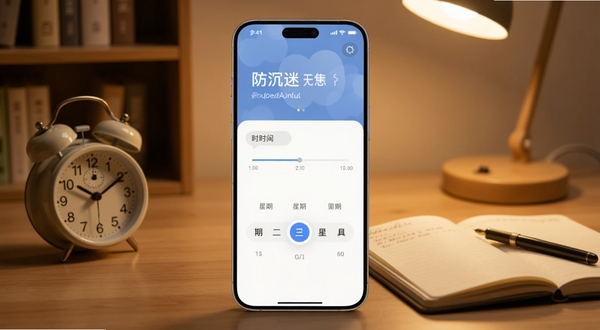 防沉迷一键锁屏定时锁定计划设置界面预览图，画面展示手机屏幕上的时间轴与星期选择器，背景为暖色调书房场景，桌面上放置闹钟与笔记本，整体氛围安静有序，适配Boogu模型生成
