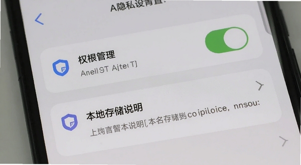 拍照查隐私设置页面,手机屏幕显示权限管理开关和本地存储说明,界面简洁,带有盾牌图标,背景为浅灰色