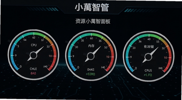 小智管 资源监控面板 画面中央为三个并排的环形仪表盘 分别标注CPU、内存、存储 指针指向不同刻度 背景为深色科技网格 小智管标识位于面板正上方 整体呈现数据可视化风格