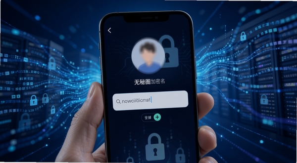 无秘圈应用内发布匿名消息的界面预览图,画面展示一部智能手机屏幕特写,界面上有一个模糊化的用户头像与输入框,背景是抽象化的数据加密流动线条,整体风格科技感与安全感并重,强调无秘圈的加密与匿名特性