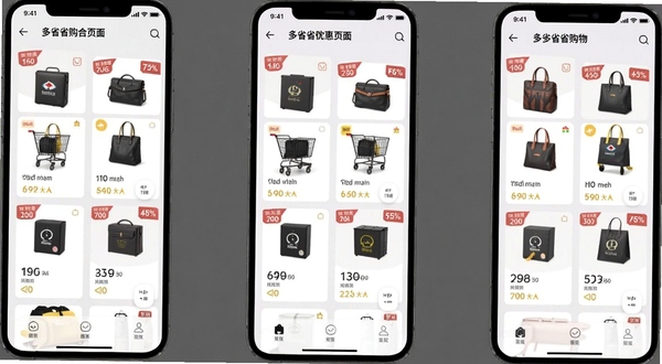 多省省购物 优惠聚合页面 手机界面显示多个商品卡片 每张卡片带有折扣标签 背景为浅灰色 现代UI设计