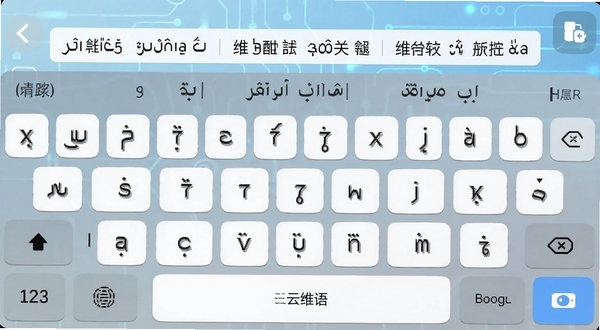搜云维语输入法手机端主界面展示,画面中央为维吾尔语与汉语双语键盘布局,背景为浅蓝色渐变科技感背景,键盘上方显示维语候选词条,界面简洁清新,适配Boogu模型生成,突出输入法核心功能全貌