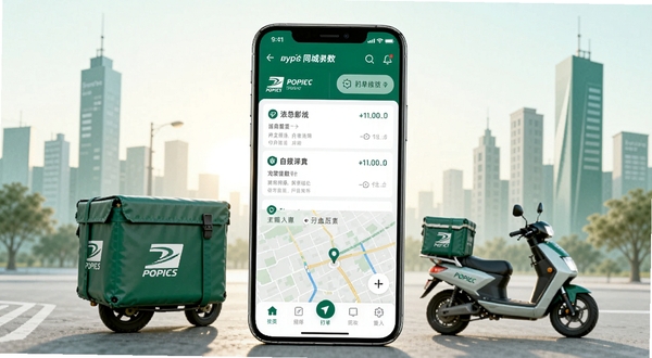 画面中央为一部竖屏智能手机，屏幕内显示邮政同城骑手应用的主界面，包含订单列表与地图导航模块；手机两侧环绕邮政绿色配送箱、电动车与城市楼宇剪影，背景为清晨城市街道，主色调为邮政绿与白色，整体风格简洁明快，突出同城配送场景与数字化接单体验