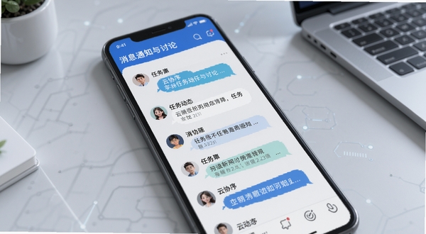 云协序 消息通知与讨论界面，手机屏幕显示多条任务动态聚合列表，人物头像与文字气泡清晰，背景为浅灰色办公桌面，科技感与亲和力并存