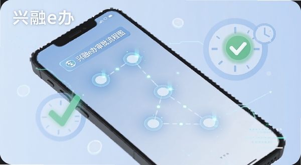 一部手机屏幕显示兴融e办审批流程图,节点用发光圆点连接,旁边有对勾与时钟图标,背景为淡蓝色渐变,风格扁平科技感,画面中带有兴融e办文字标识