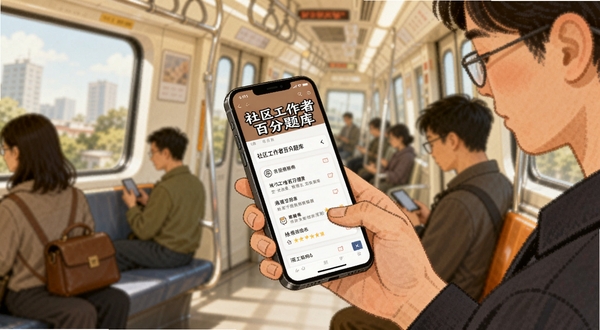 社区工作者百分题库离线刷题场景插画，地铁车厢内考生用手机刷题，屏幕显示社区工作者百分题库字样，周围有模糊的乘客和窗外景色，画面温暖写实