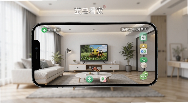 萤虫看家免费软件主界面预览图,画面中央显示手机实时监控画面,背景为现代简约客厅环境,界面风格清爽,图标清晰,色彩明亮,采用高清渲染效果,突出软件名称和手机界面细节