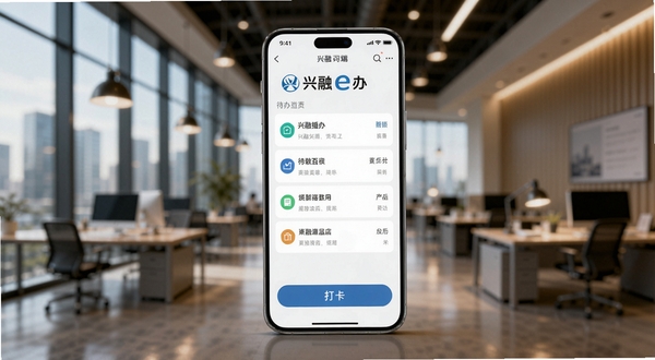 画面中央为一部竖屏智能手机,屏幕内展示兴融e办移动端首页界面,包含待办列表与打卡按钮,背景为虚化的现代写字楼办公区,暖色调灯光,整体风格简洁商务,突出兴融e办品牌标识