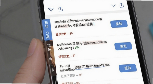 证从业题考拉错题本界面,手机屏幕展示错题列表,每道错题显示题干摘要和错误次数,左侧有科目分类标签,右侧有重做按钮,背景为白色,顶部有筛选和导出图标,整体设计干净利落
