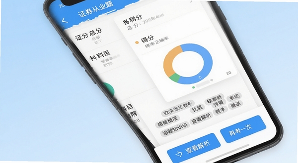 证从业题考拉模拟考试结果页面,手机屏幕显示考试成绩单,包括总分、各科目得分、正确率环形图,下方列出错题知识点标签,背景为浅蓝色渐变,页面底部有查看解析和再考一次按钮,整体风格专业清晰