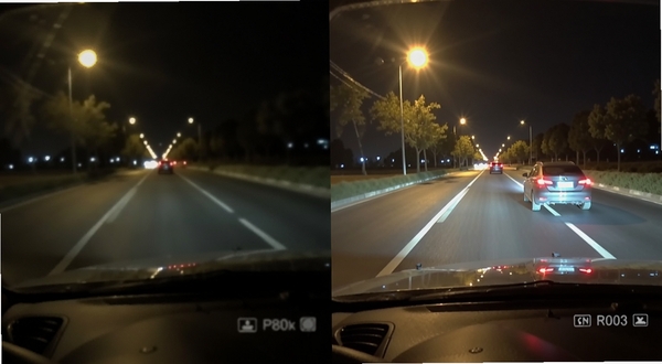 夜间行车记录仪拍摄效果对比图，左侧为普通模式画面昏暗模糊，右侧为夜间优化模式画面明亮清晰，道路两旁灯光清晰，车牌可辨识，风格写实