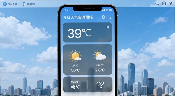 今日天气实时预报软件主界面展示,画面中央为手机屏幕,屏幕上显示清晰的天气数据面板,包含温度数字、天气图标、湿度风力等模块,背景为蓝天白云与城市天际线融合,整体风格清新简洁,适配Boogu模型生成