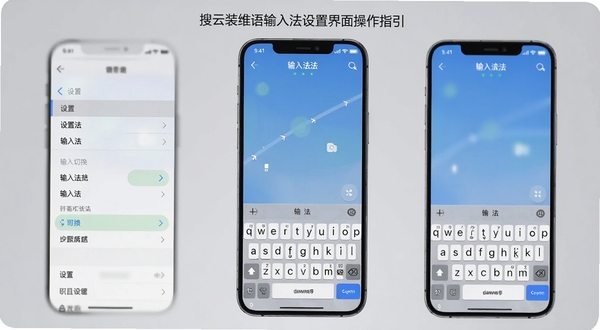 搜云维语输入法设置界面操作指引图,画面展示手机屏幕内输入法启用步骤的截图示意,包含设置菜单、输入法切换选项与键盘预览,背景为柔和灰色调,帮助用户直观了解安装启用流程
