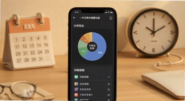 一木记物数据统计与提醒功能界面，手机屏幕显示分类物品数量饼图与到期提醒列表，背景为简约办公桌面，搭配日历和时钟图标，暖色调柔和光线，扁平化UI风格