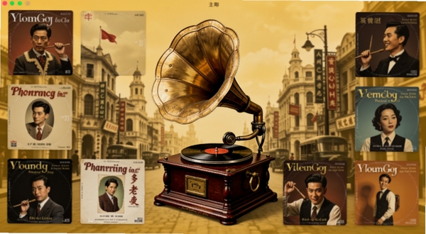老歌经典音乐软件主界面展示,暖黄色调背景,中央为复古留声机与唱片机元素,周围环绕经典老歌专辑封面,画面主体位于正中偏上区域,背景为上世纪老上海街景虚化处理,整体氛围怀旧温馨,适配Boogu模型生成