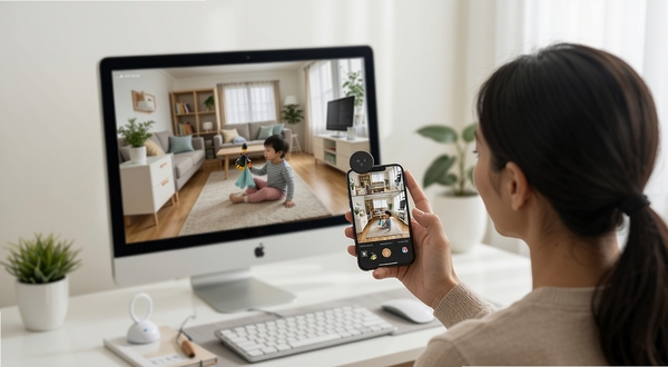 萤虫看家免费实时监控画面演示图,画面中一位家长正在办公室用手机查看家中儿童活动情况,手机屏幕显示清晰的室内监控画面,构图明亮,突出现代智能家居场景,画面风格写实,色彩自然