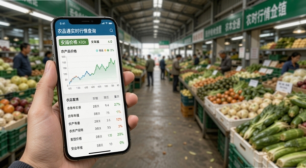 农品通实时行情查询功能界面，手机屏幕显示各类农产品价格曲线图和列表，画面主体为手持手机查看数据，背景为农产品批发市场场景，突出数据实时性与专业感