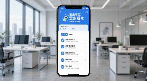 萤虫看家免费版本更新界面示意图,手机屏幕显示应用更新日志页面,背景为现代办公环境,界面设计清晰简洁,文字内容可辨识,色调以蓝色和白色为主,突出软件名称和更新功能列表