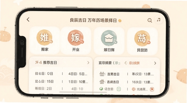 良辰吉日万年历场景择日界面,手机画面显示搬家、开业、嫁娶等图标选项,下方列出推荐吉日与宜忌摘要,背景为柔和米色,风格温馨实用