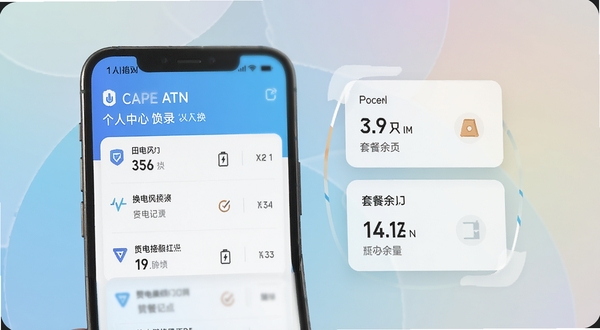ATN智慧换电个人中心页面，手机屏幕显示换电记录列表与套餐余量卡片，界面整洁，数据清晰，背景为柔和渐变色调，突出数字化管理氛围