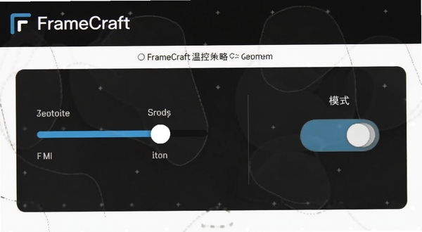 FrameCraft温控策略设置界面,显示温度阈值滑块和模式切换按钮,背景为深色,FrameCraft图标位于左上角,整体风格简洁