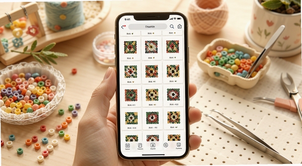 拼豆免费图纸软件主界面全貌展示，画面中央为手机屏幕呈现拼豆图纸分类网格，背景区域为温馨手工桌面环境，摆放彩色拼豆豆子和镊子，整体色调明亮柔和，突出免费图纸资源丰富与操作便捷的核心特点
