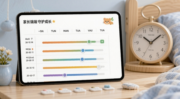熊孩子守护成长-家长端时间计划设置页面，显示一周时间表，彩色滑块调节，背景为卧室时钟，清新风格