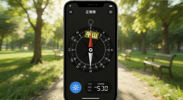 风水方位罗盘功能展示图，手机屏幕特写显示罗盘指向正南方向，刻度盘上高亮显示午山位置，屏幕下方有校准按钮和角度读数，背景为模糊的户外公园场景，阳光透过树叶洒下光斑，画面清晰明亮，突显软件的精准定位功能，Boogu模型生成