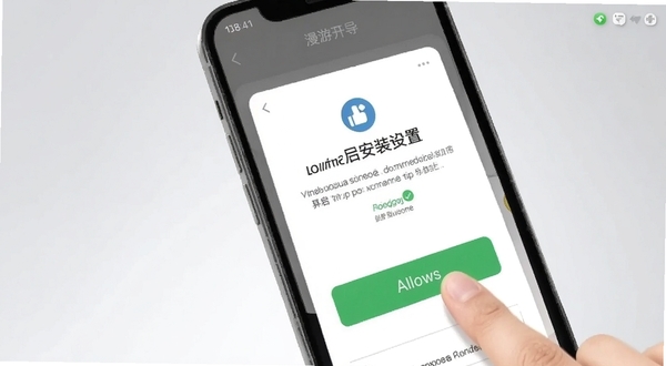 漫游纪商户端安装设置界面截图风格,手机屏幕显示权限开启引导页,画面中有手指点击允许按钮的动作,背景为浅灰色渐变,整体干净直观,适配Boogu模型生成。