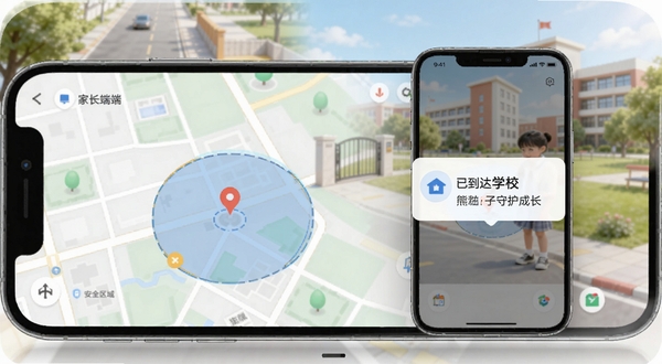 熊孩子守护成长-家长端位置守护界面，地图上显示孩子当前定位与安全区域范围，手机端弹出“已到达学校”提示，背景为街道与校园场景，画面清晰明亮，突出定位精准与实时守护特点