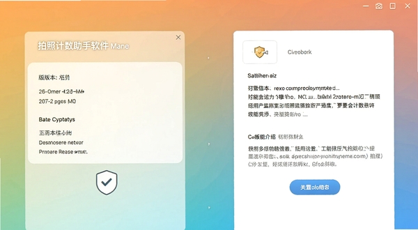 拍照计数助手软件设置页面或关于页面,展示版本信息与功能介绍,界面干净整洁,背景为纯色渐变,风格简约,突出安全性可靠感