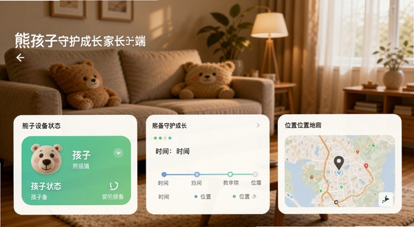 熊孩子守护成长-家长端主界面预览图，显示孩子设备状态卡片、时间轴、位置地图等核心功能模块，背景为温馨客厅，暖色调，界面清晰现代