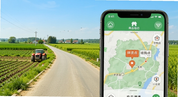 农品通附近商户查找功能展示，手机地图界面标注周边农资店和收购点位置，画面主体为手机屏幕特写，背景为乡村道路与农田，色彩明亮清晰