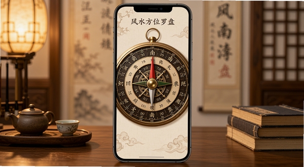设计一款名为风水方位罗盘的手机应用界面，画面中央是精致的传统风水罗盘，指针指向正南，背景为简洁的中式书房，木质桌面上摆放着茶具与古籍，暖色调灯光，界面需清晰显示度数刻度与方位汉字，整体风格古朴且清晰，适配手机竖屏展示