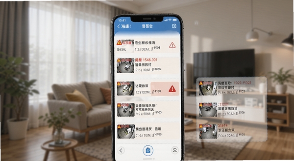 海康互联告警消息推送界面，手机屏幕显示多条告警通知，每条通知带有事件缩略图和发生时间，背景为室内家居环境，突出及时提醒功能
