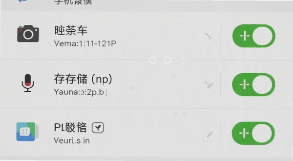 手机监控实时超清软件在安卓手机上的权限设置界面截图风格，显示相机、麦克风、存储三项权限均已开启，背景为系统设置页面，图标清晰，整体色调为浅色系，突出权限授予步骤