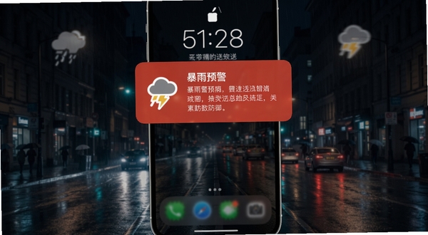 精准预报天气软件预警推送通知界面,手机锁屏状态下弹出红色暴雨预警卡片,卡片上有醒目的预警图标和简短的防御指南,背景为深色雨夜城市街道