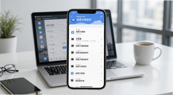Boogu生成:拍照计数助手更新日志页面展示,手机屏幕显示版本更新说明列表,背景为现代办公室桌面,有笔记本电脑和咖啡杯,画面简洁明亮,风格写实,包含软件名称“拍照计数助手”字样。