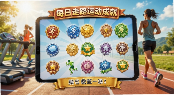 每日走路运动成就徽章展示界面，屏幕上有各种彩色徽章图标，背景为健身房或户外运动场景，充满活力，色调明亮，突出成就感与激励感